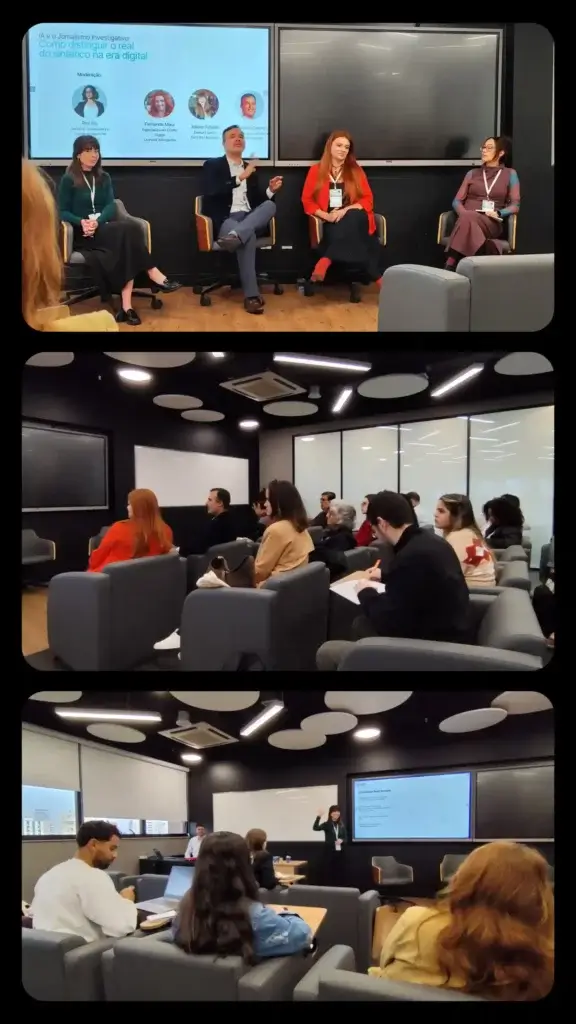 Estive no Congresso da Abraji 2025 e saí com a cabeça fervilhando de ideias 3 Palestras e debates em evento sobre jornalismo investigativo na era digital, com painel de especialistas e participação do público em sala de conferências moderna.
