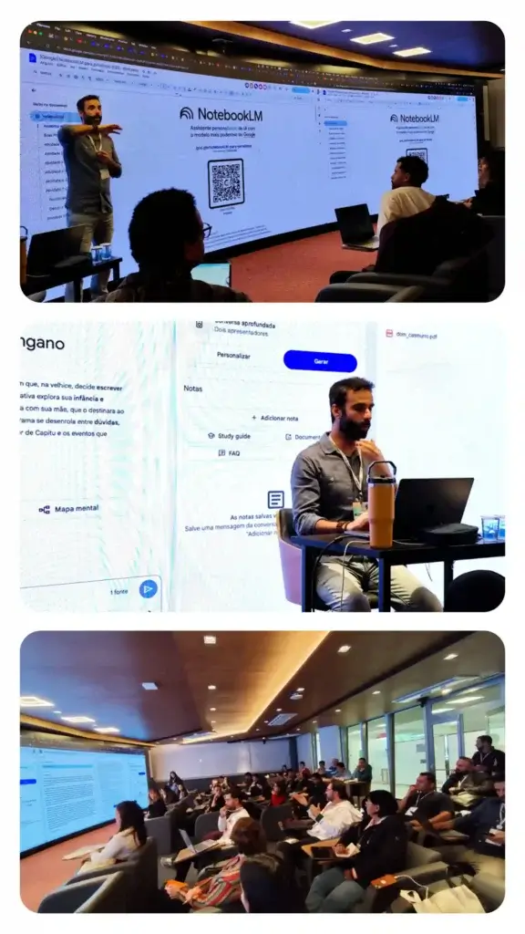 Estive no Congresso da Abraji 2025 e saí com a cabeça fervilhando de ideias 4 Sessão de treinamento ou palestra em um auditório moderno com Marco Tulio do Google News Initiative explicando o NotebookLM