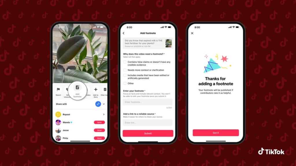 TikTok Lança Footnotes: como funciona a nova ferramenta contra desinformação na plataforma 2 O que é o Footnotes do TikTok. Telas com o footnotes