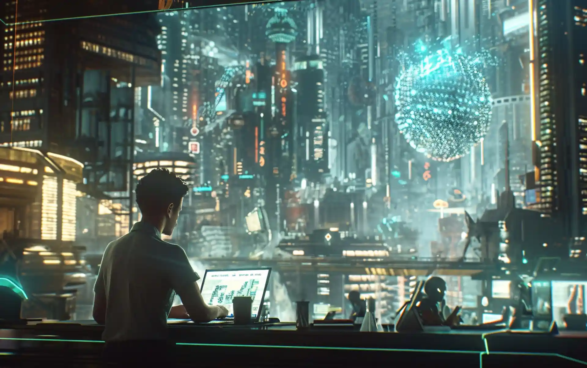Cena futurista no jornalismo digital na Era da IA com um jornalista utilizando laptop em ambiente tecnológico ultra moderno repleto de luzes neon e hologramas
