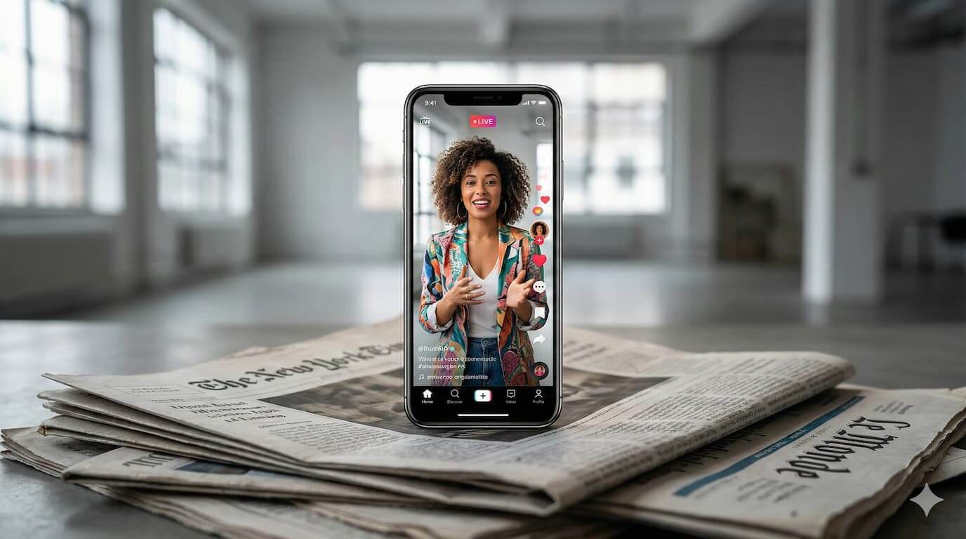 Relatório do Reuters Institute mostra que brasileiros preferem influenciadores a veículos de notícias nas redes sociais e aponta desafios para o jornalismo digital. Um smartphone exibindo um criador de conteúdo, mas apoiado sobre uma base sólida de jornais impressos tradicionais, simbolizando que a base (a credibilidade) continua lá.