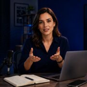 Apresentadora em estúdio de jornalismo-explicativo, falando diante de câmera com microfone e notebook, enquanto telas mostram dados como inflação e desemprego em gráfico e texto