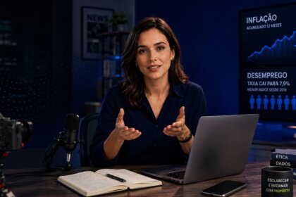 Apresentadora em estúdio de jornalismo-explicativo, falando diante de câmera com microfone e notebook, enquanto telas mostram dados como inflação e desemprego em gráfico e texto