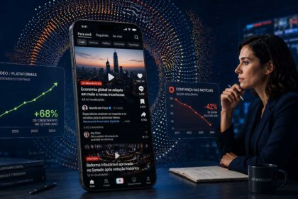 Redes sociais e notícias o que o Digital News Report 2026 revela sobre o Brasil. Uma jornalista olhando uma tela de celular com vídeos de notícias