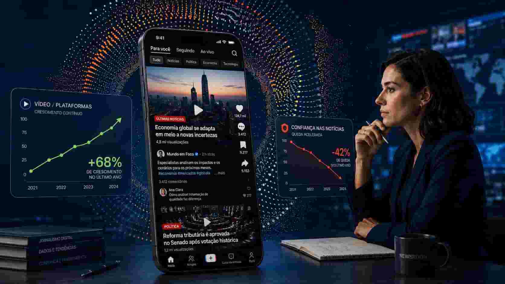 Redes sociais e notícias o que o Digital News Report 2026 revela sobre o Brasil. Uma jornalista olhando uma tela de celular com vídeos de notícias