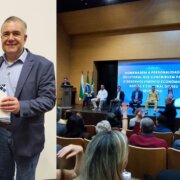 Gediel Mendes recebe Menção Honrosa da Assembleia Legislativa do Paraná das mãos do deputado estadual Ney Leprevost durante Sessão Solene no ISULPAR, em Paranaguá